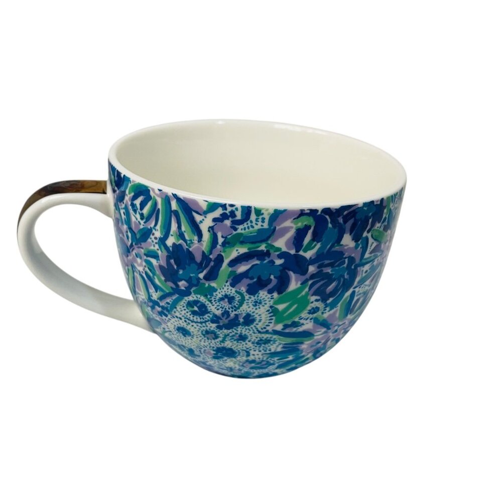 Lilly Pulitzer Blue Floral Ceramic Coffee Cup Mug  Gold Handle 12 oz Gold Handle